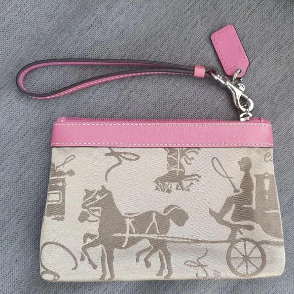 Coach Wristlet Pink Leather Beige Embroidered Horse Purse Wallet Bag - Picture 3 of 5